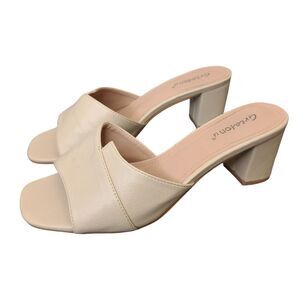 Greatonu Womens Beige Block Heeled Sandals Square Toe Slip On Fashion 9